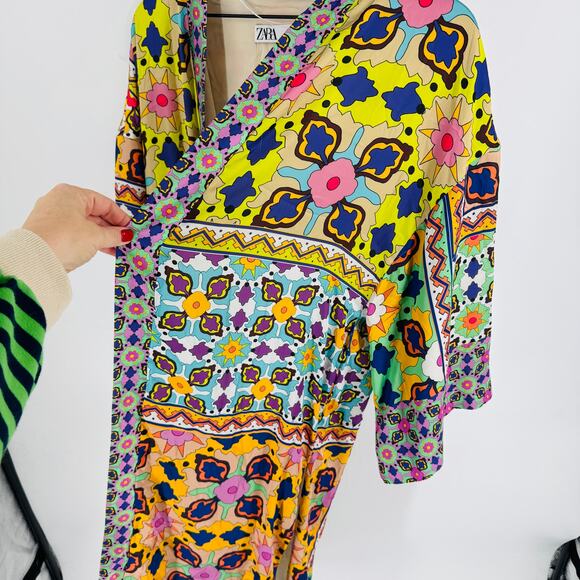 Zara Multicolor Boho Patchwork Maxi Kimono Duster Coat Size Small No Belt - Picture 5 of 9